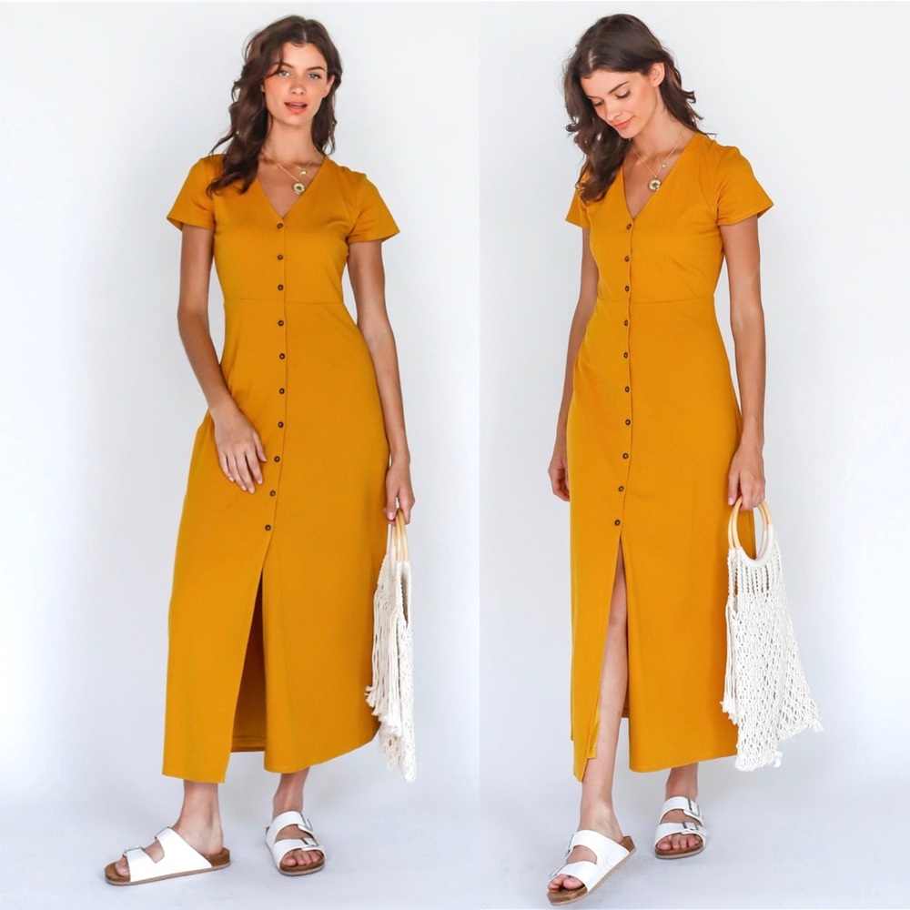 Yellow Button Up Midi Short Sleeve Dress